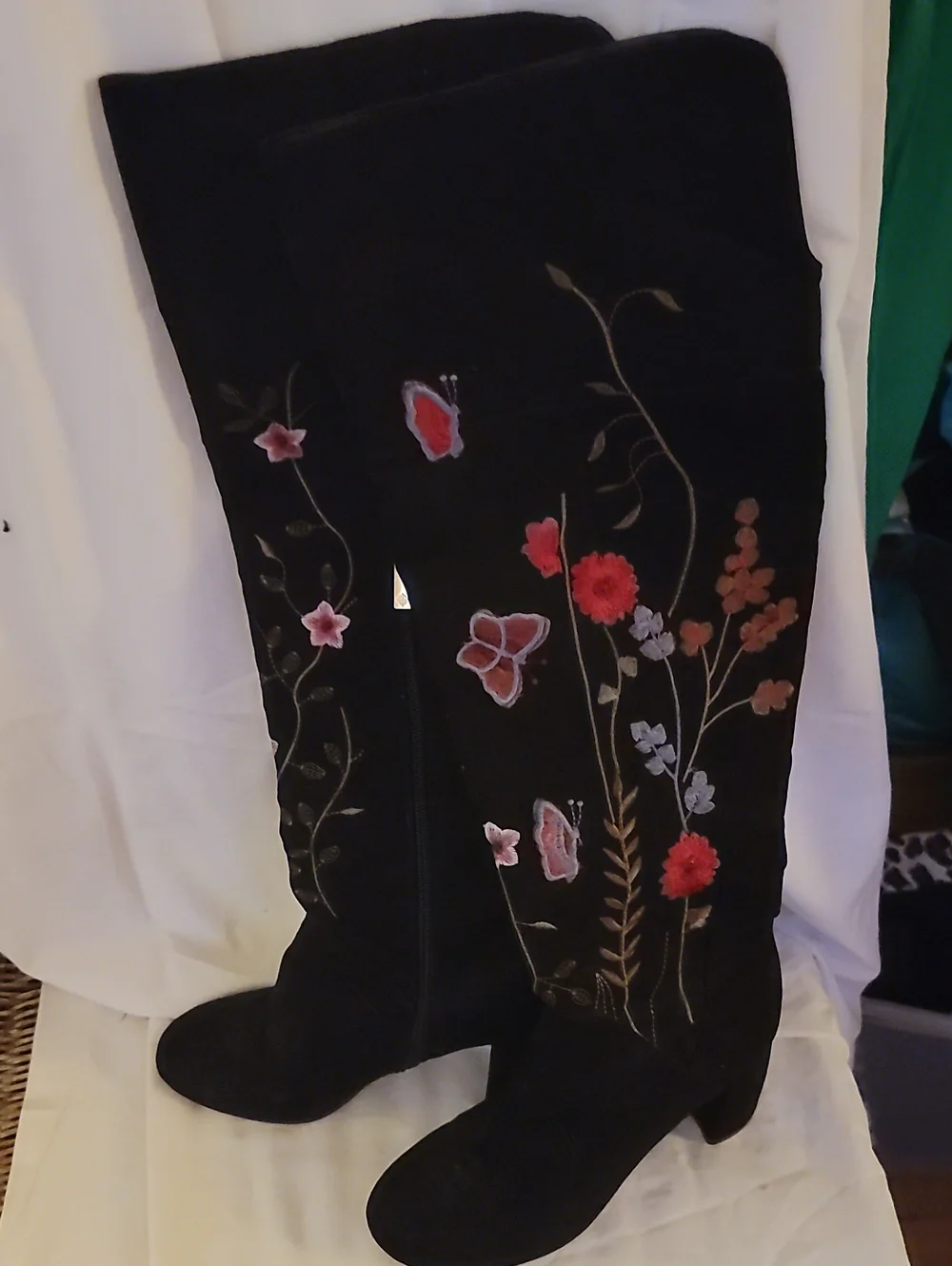 LISETTE Black Over-the-Knee Boots with Red & Pink Floral Embroidery